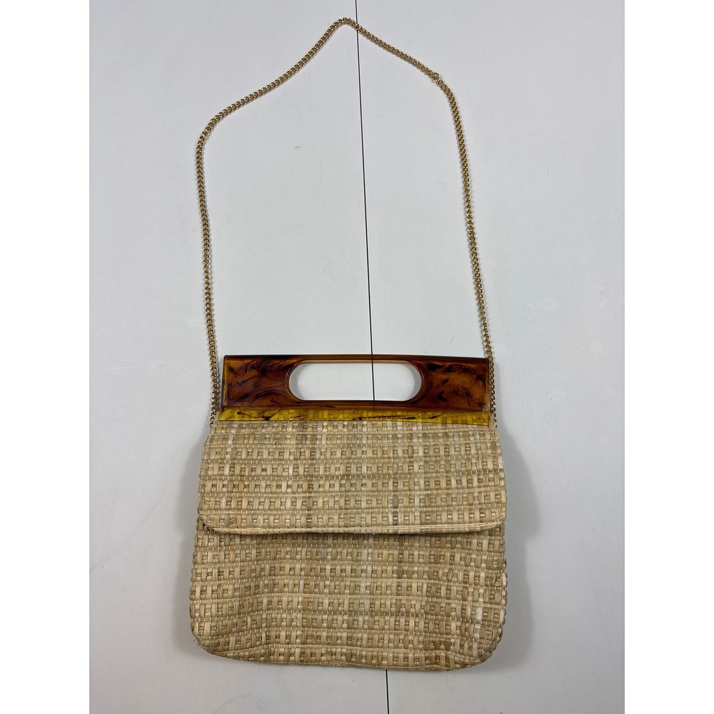 Vintage Woven Straw Handbag Tortoiseshell Acrylic Handle Crossbody Clutch Tan - Picture 7 of 8